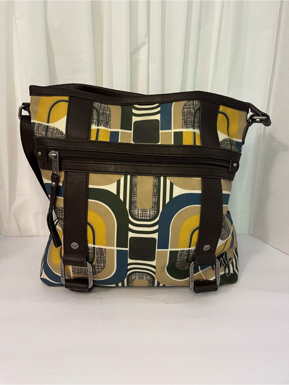 Vintage Roxy Geo-Print Crossbody Bag - Mustard, Blue & Olive